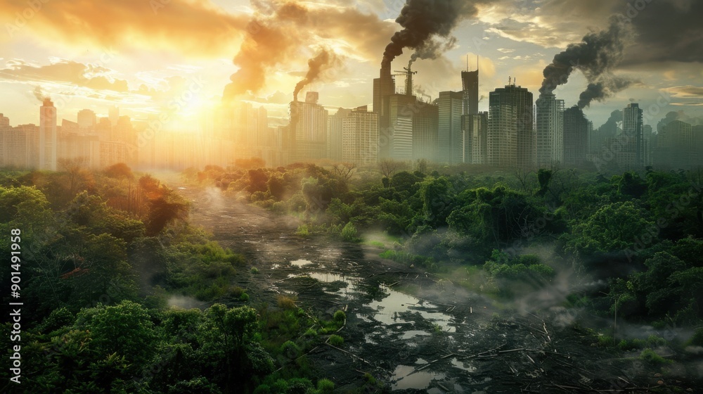 Fototapeta premium Anthropogenic: Environmental changes and pollutants resulting from human activities, such as industrial processes, agriculture, and urban development. 