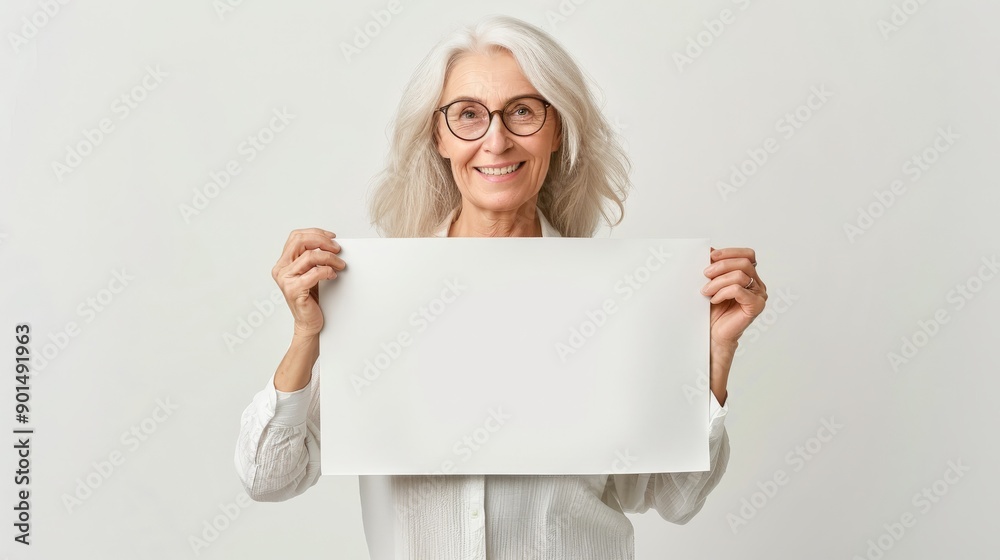 An elderly woman with white hair and glasses smiling while holding a blank sign. The simple background emphasizes her presence, creating a calm and confident scene. An elderly woman with white hair and glasses smiling while holding a blank sign. The simple background emphasizes her presence, creating a calm and confident scene.
