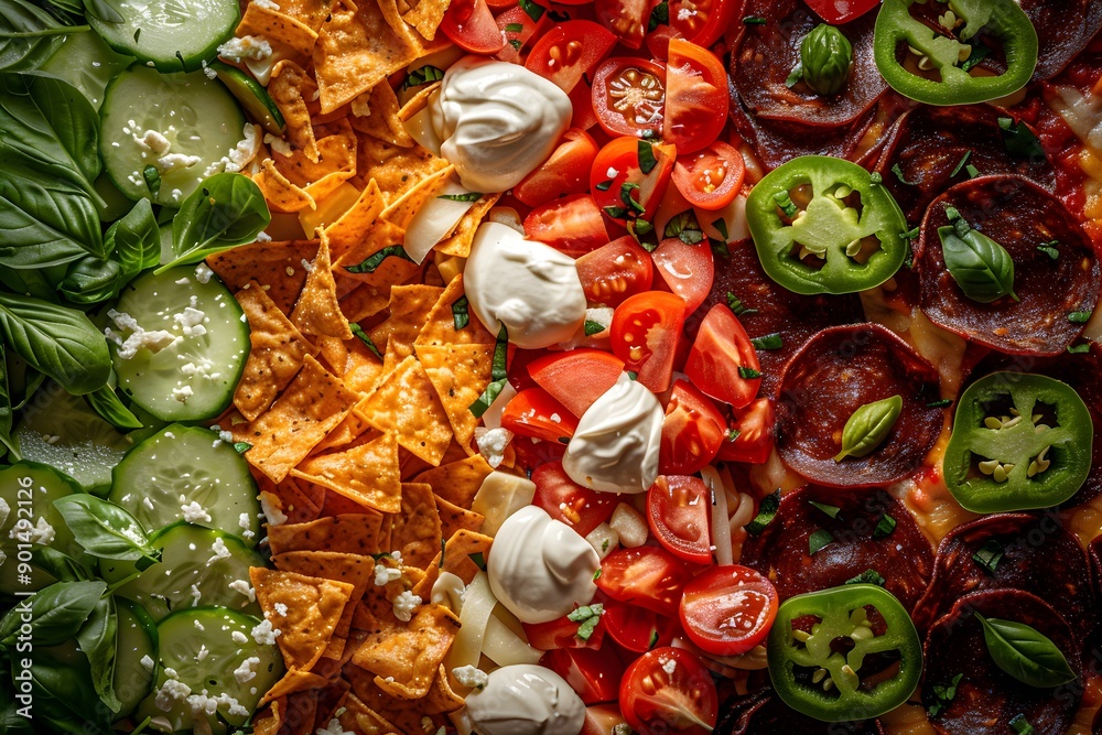 A vibrant spread of fresh ingredients on a platter, showcasing a colorful appetizer medley. A vibrant spread of fresh ingredients on a platter, showcasing a colorful appetizer medley.