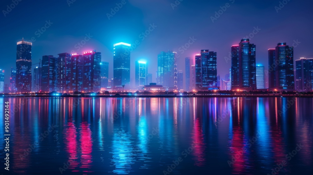 Fototapeta premium Night Urban Cityscape with Neon Lights