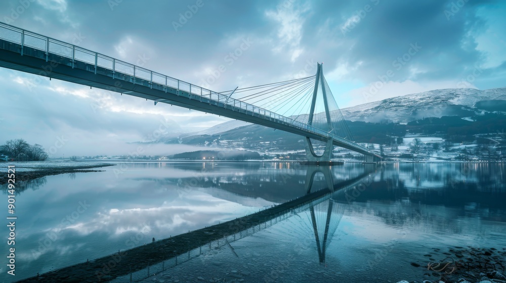 Suspension Bridge Over Tranquil Lake in Winter Suspension Bridge Over Tranquil Lake in Winter