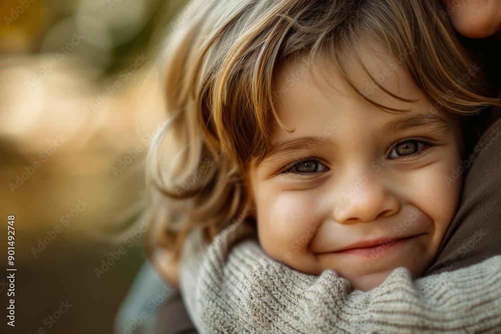 A close-up of a smiling child with blonde hair hugging their parent, showing warmth and happiness in their eyes, against a soft-focus outdoor background. A close-up of a smiling child with blonde hair hugging their parent, showing warmth and happiness in their eyes, against a soft-focus outdoor background.