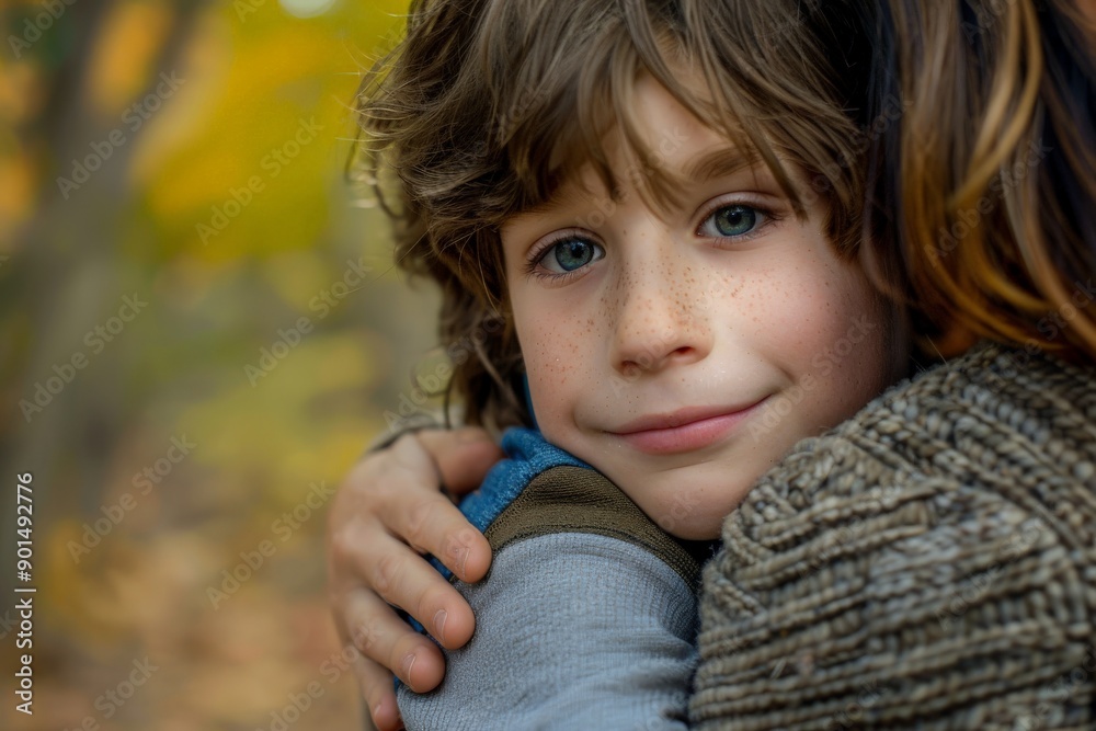 A tender embrace between a mother and her young son in a beautiful natural setting, with the child showing a serene expression and feeling safe in his mother's arms. A tender embrace between a mother and her young son in a beautiful natural setting, with the child showing a serene expression and feeling safe in his mother's arms.