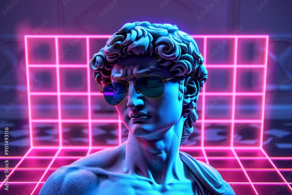 David Statue in a Neon Cyber Grid Environment David Statue in a Neon Cyber Grid Environment