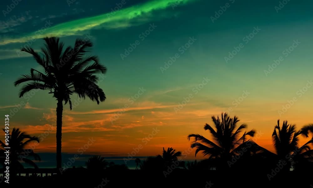 The black silhouette of palm trees against the colorful sunset, where the orange and green sky creates a magical atmosphere of a tropical paradise. The black silhouette of palm trees against the colorful sunset, where the orange and green sky creates a magical atmosphere of a tropical paradise.