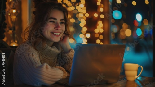 A woman enjoys a cozy evening at a cafe, smiling at her laptop, bathed in warm, decorative lights, with a cup of coffee on the table, creating a comforting atmosphere.