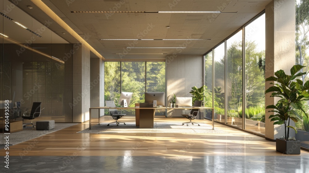 Fototapeta premium Modern Office with Large Windows and Natural Light