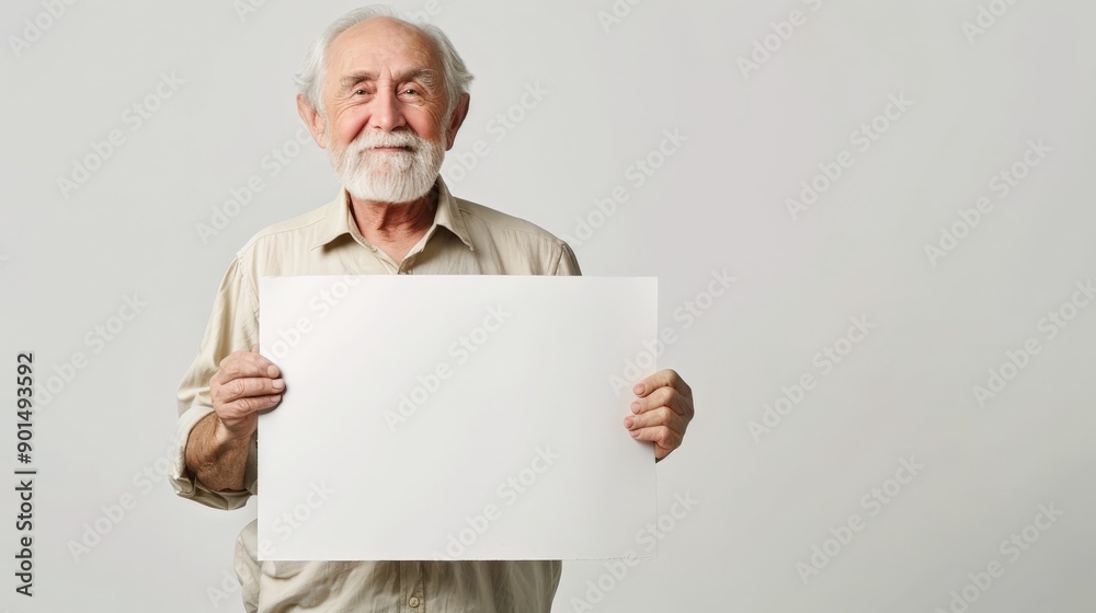 An elderly man with a white beard and a neutral expression holds a blank sign against a neutral background, allowing for customizable messaging or text insertion. An elderly man with a white beard and a neutral expression holds a blank sign against a neutral background, allowing for customizable messaging or text insertion.