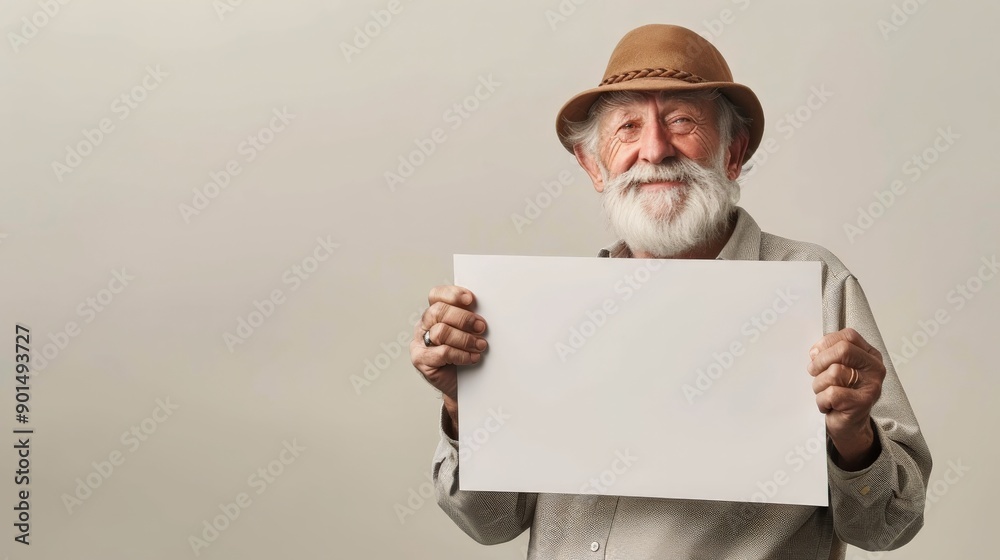 An elderly man with a white beard wearing a brown hat and gray shirt while holding a blank signboard against a plain background, symbolizing wisdom and simplicity. An elderly man with a white beard wearing a brown hat and gray shirt while holding a blank signboard against a plain background, symbolizing wisdom and simplicity.