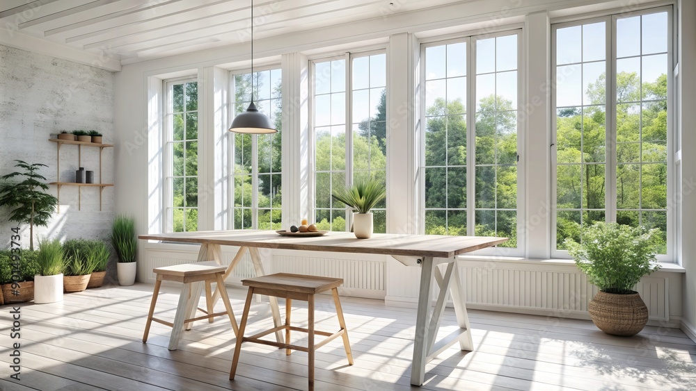 Bright and airy minimalist interior with a rustic white wood table placed in front of a large open spring window with plenty of natural light and copy space. Bright and airy minimalist interior with a rustic white wood table placed in front of a large open spring window with plenty of natural light and copy space.