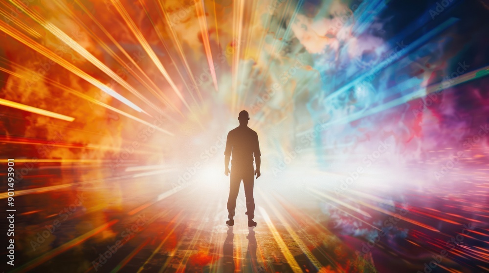 Silhouette of a Man Standing Before a Bright, Colorful Light Silhouette of a Man Standing Before a Bright, Colorful Light