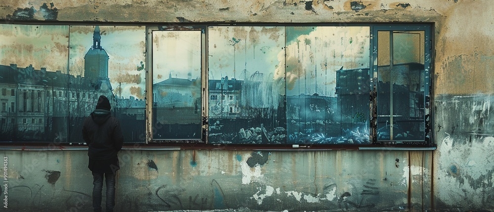 A solitary figure looking at a mural of a thriving city on a wall, juxtaposed with the reflection of a currently struggling urban area in a window A solitary figure looking at a mural of a thriving city on a wall, juxtaposed with the reflection of a currently struggling urban area in a window