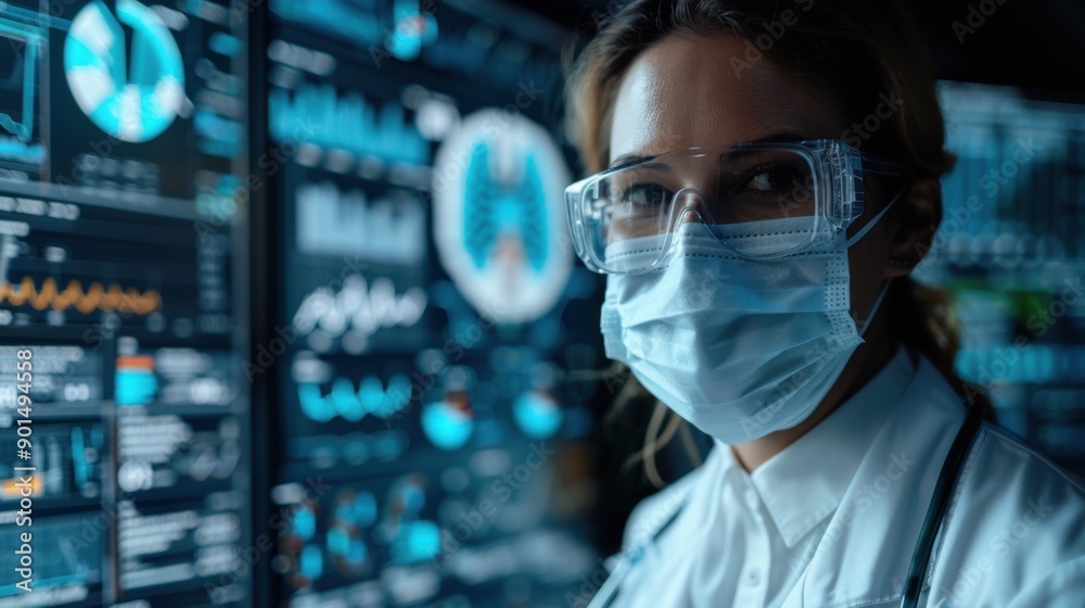 A doctor in a mask, medical statistics in the background. A doctor in a mask, medical statistics in the background.