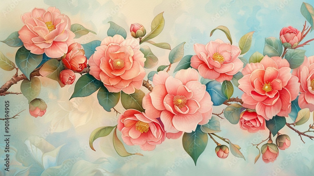 A garden scene with pastel camellias in bloom, with soft sunlight creating a tranquil atmosphere, Watercolor, Light and airy A garden scene with pastel camellias in bloom, with soft sunlight creating a tranquil atmosphere, Watercolor, Light and airy