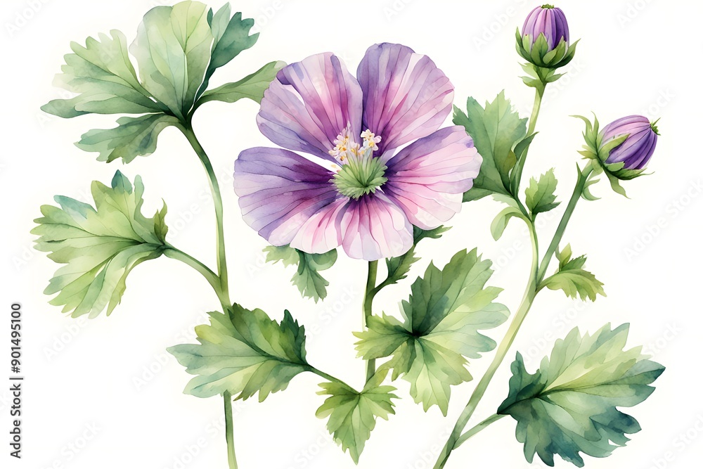 Obraz premium Watercolor common mallow flowers on white background, AI Generated