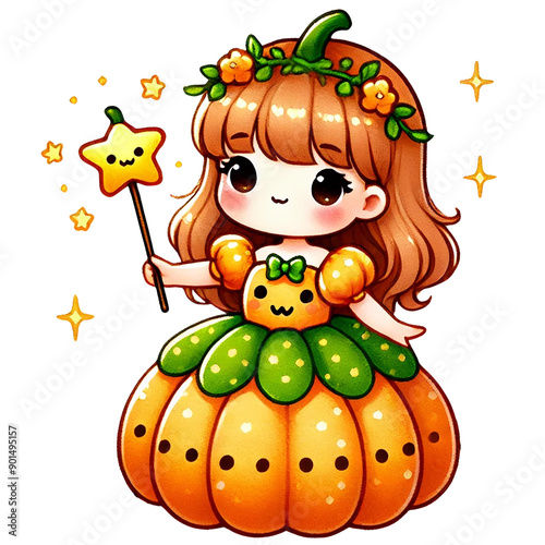 Whimsical character in a pumpkin dress holding a star wand, perfect for seasonal illustrations and festive decorations.