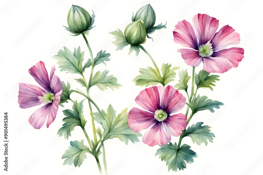 Obraz premium Watercolor common mallow flowers on white background, AI Generated