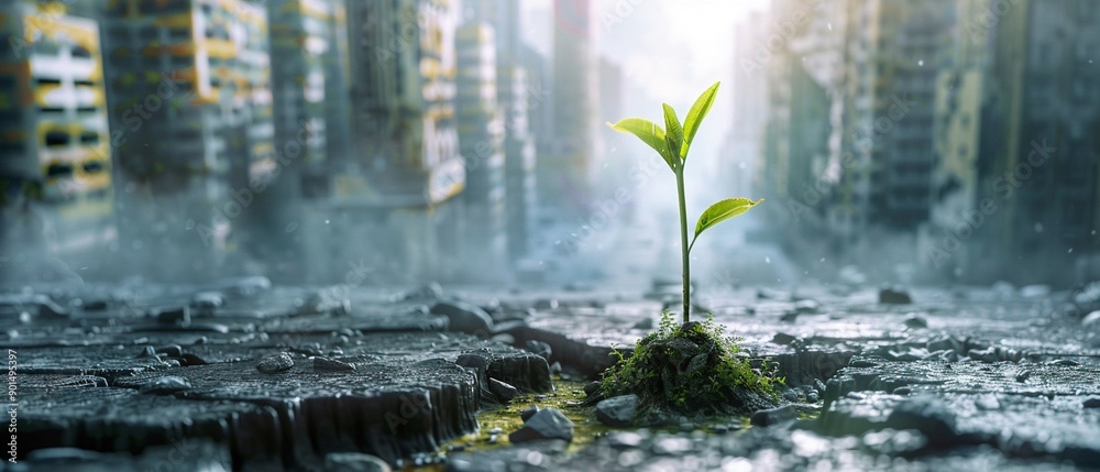 Fototapeta premium A single sapling growing in a cracked urban landscape, embodying hope and the potential for growth amidst economic decay