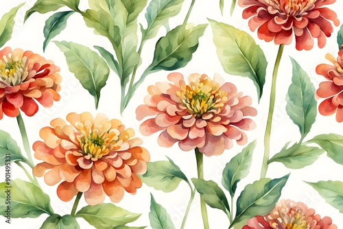 Watercolor common zinnia flowers on white background, Ai Generated