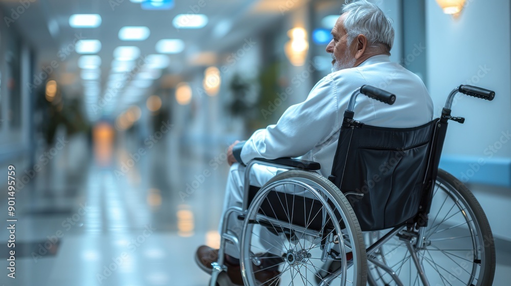 Obraz premium an old patient in a wheelchair in a hospital corridor