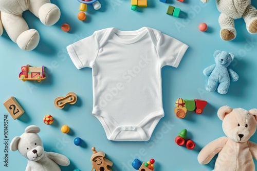 Flat Lay of Baby Onesie and Toys on Blue Background photo