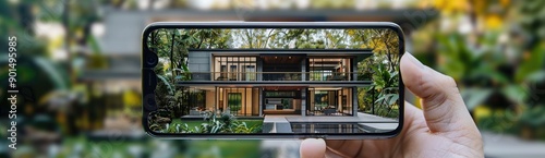 Hand Holding Smartphone with Green Home Design photo