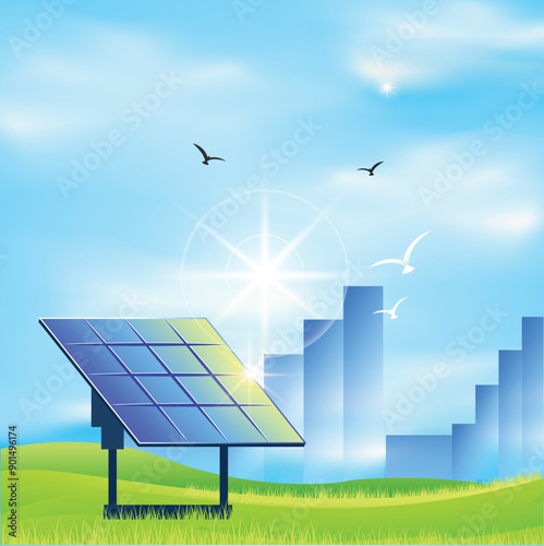 Vector Electricity resource from Solar Panel, Buildings and city