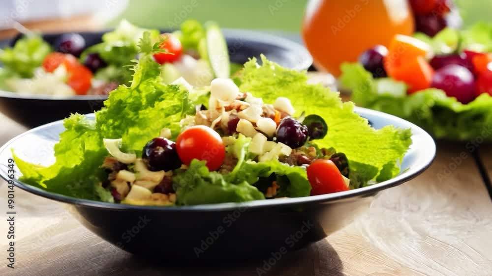 Crunchy lettuce topped with tomatoes, olives, and nuts, served in bowls on a sunny outdoor setting Crunchy lettuce topped with tomatoes, olives, and nuts, served in bowls on a sunny outdoor setting