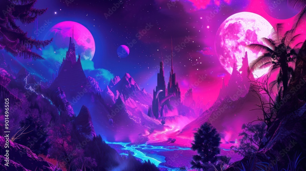 A Mystical Landscape Under a Pink Moon A Mystical Landscape Under a Pink Moon