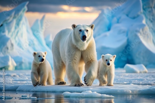 Majestic polar bear mother guides adorable cubs across icy Arctic landscape, majestic glaciers towering in distant misty horizon, winter's serene ethereal beauty frozen in time.
