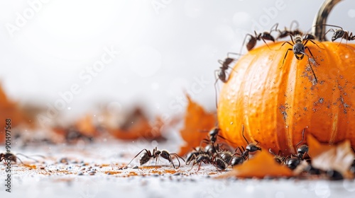 pumpkin surrounded by a group of ants photo