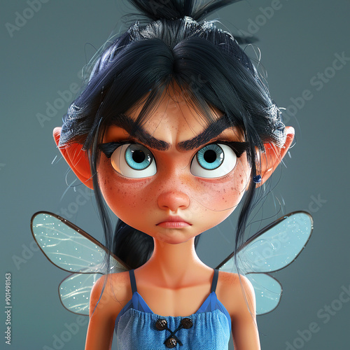 A Portrait of a Grumpy Fairy with Blue Wings