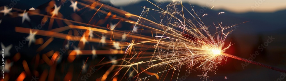 Fototapeta premium Sparkler creating trails of light American flag softly visible in the background