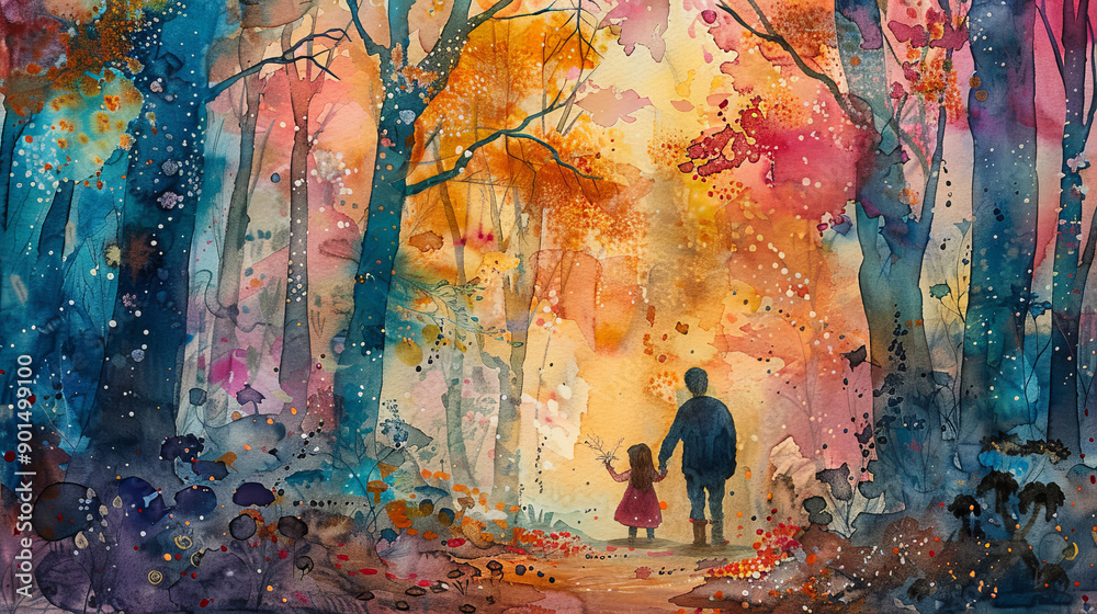 Obraz premium A man and a little girl are walking through a forest