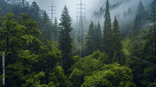 A dense forest with tall trees, where high-voltage transmission lines cut through the greenery. The contrast between the natural environment and the industrial infrastructure creates a striking visual