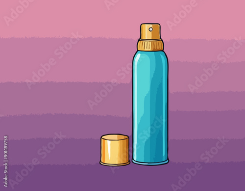 Cartoon style simple gradient hair spray fixation icon. Open gold container with cap. Hair care and styling accessory vector illustration.