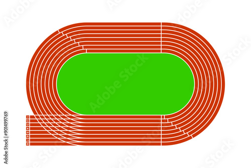 Red running track with green grass field. Stadium top view. Racetrack for sprint, marathon or other athletic sports competition isolated on white background. Vector flat illustration.