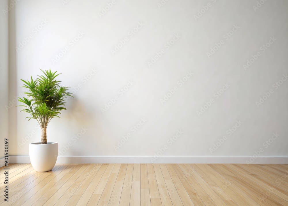 Serene empty white room featuring a warm wooden floor and a small potted plant sitting alone, radiating calmness and simplicity in minimalist decor.