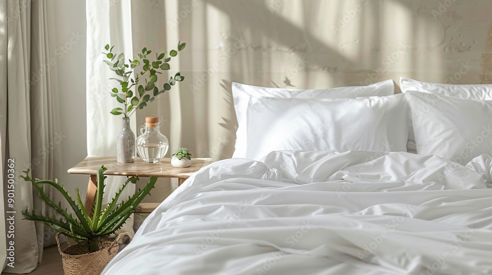 A clean and crisp bedroom look with bright white bamboo sheets, a minimalist bed frame, and a simple nightstand with a glass water carafe and a small potted succulent A clean and crisp bedroom look with bright white bamboo sheets, a minimalist bed frame, and a simple nightstand with a glass water carafe and a small potted succulent