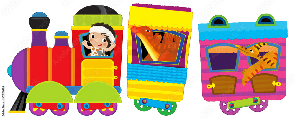 Naklejka premium Cartoon funny looking colorful wagon with dino dinosaur animal lizard and caveman conductor isolated illustration for children