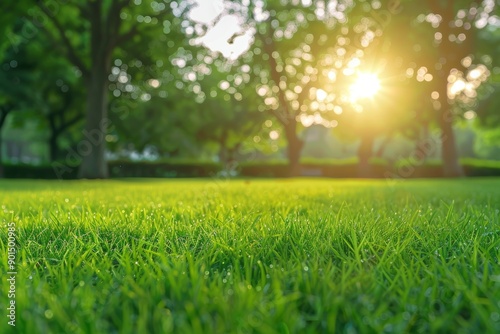 In the morning, there is a beautiful landscape in a park with trees and green grass fields.