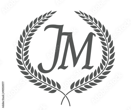 Initial letter J and M, JM monogram logo design with laurel wreath. Luxury calligraphy font.