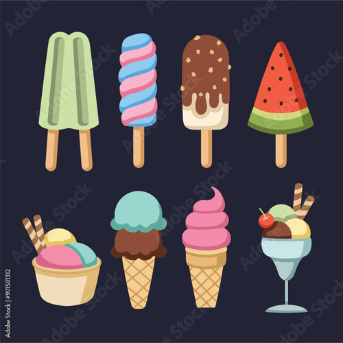 Set of tasty ice cream in hand drawn style