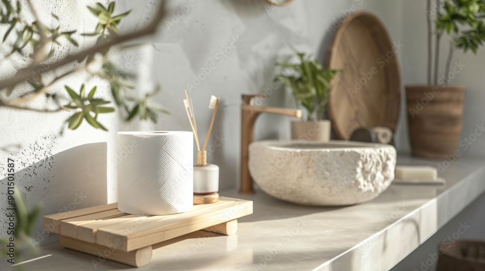 A minimalist bathroom with bamboo toilet paper on a wooden holder, surrounded by natural decor elements like a bamboo shelf, a small potted plant, and a stone sink A minimalist bathroom with bamboo toilet paper on a wooden holder, surrounded by natural decor elements like a bamboo shelf, a small potted plant, and a stone sink