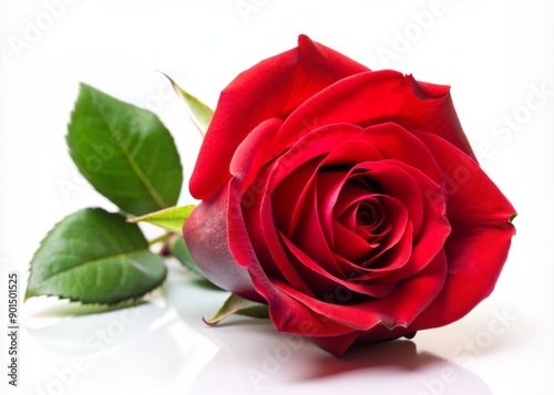 Isolated solitary vibrant red rose flower with delicate petals and green stem placed elegantly in the corner on a pure white background.