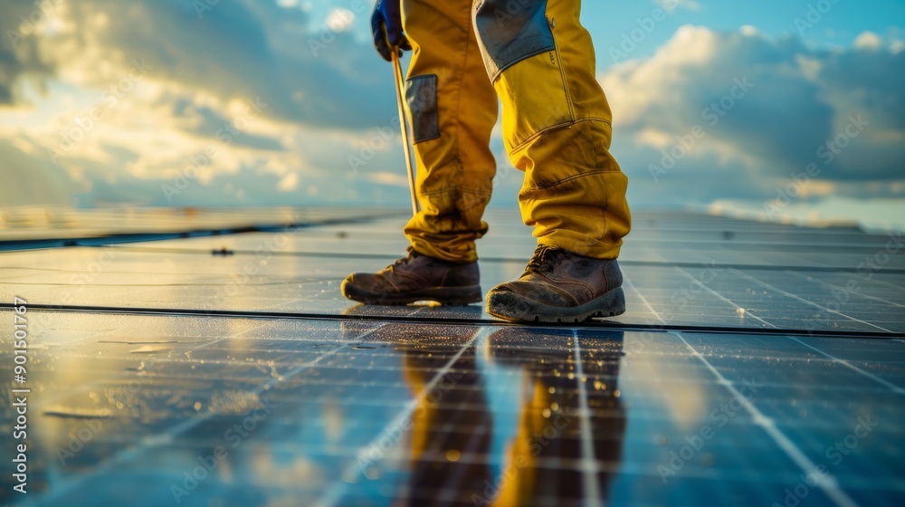 Worker on Solar Panels at Sunset