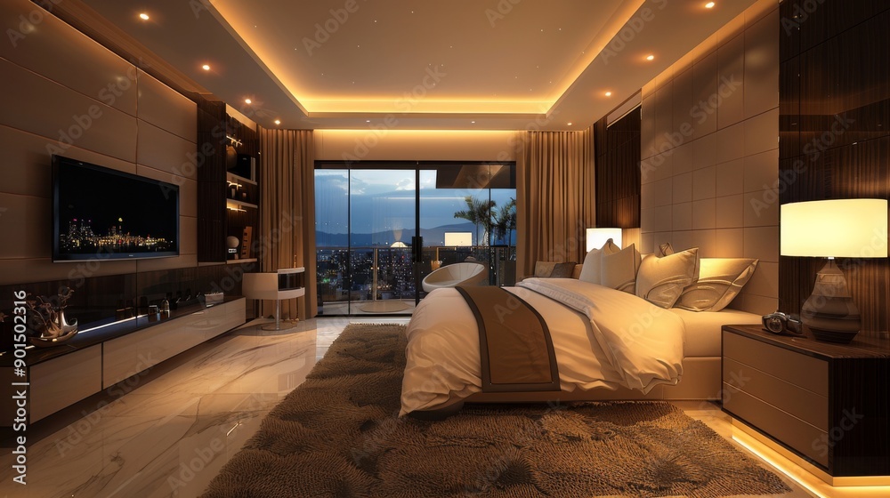 Fototapeta premium Luxurious Modern Bedroom with Ambient Lighting