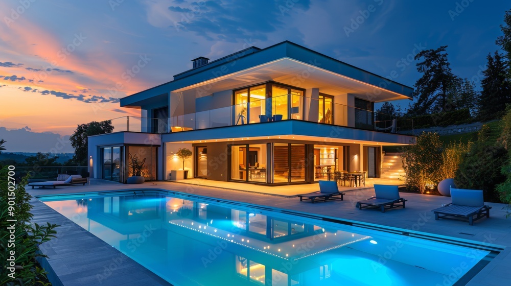 Obraz premium Modern Luxury Villa with Swimming Pool at Sunset