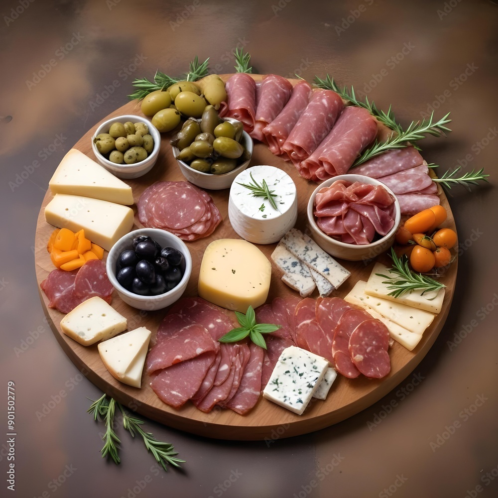 A charcuterie platter with an elegant arrangement of cured meats, specialty cheeses, flavorful olives, and vibrant herbs A charcuterie platter with an elegant arrangement of cured meats, specialty cheeses, flavorful olives, and vibrant herbs