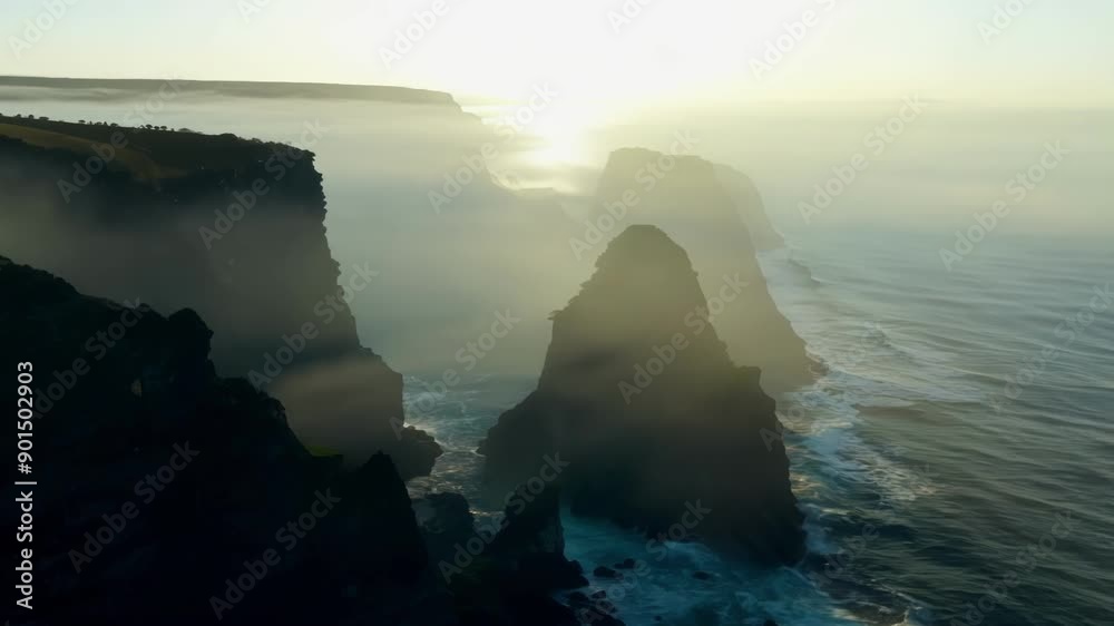A mysterious and moody scene as the dawn light filters through the fog revealing the jagged edges of the coastline below.